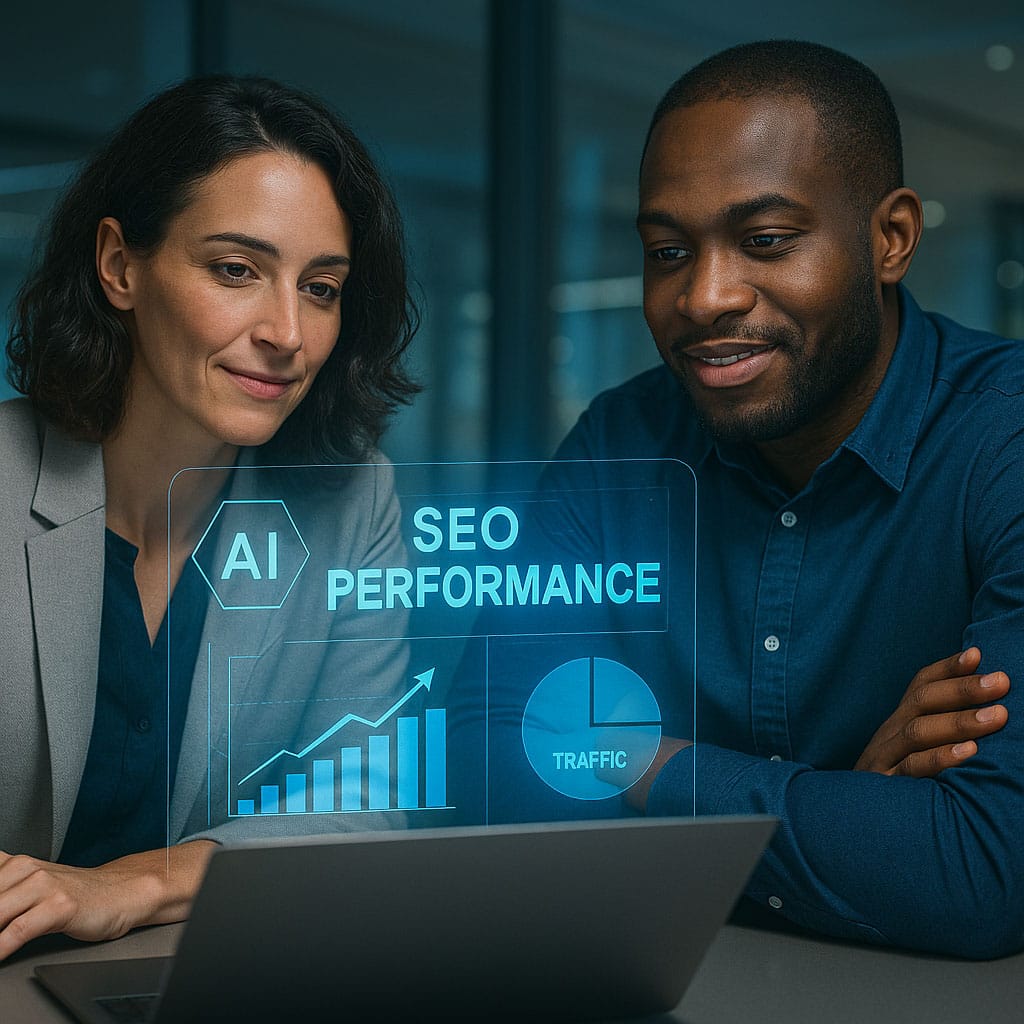 SEO performance dashboard showing AI-powered traffic graph