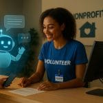 A modern, realistic scene showing a female volunteer at the reception desk of a nonprofit organization, assisting a visitor with a digital AI chatbot hologram providing real-time answers. The setting is warm and professional, with a community bulletin board and nonprofit branding in the background.